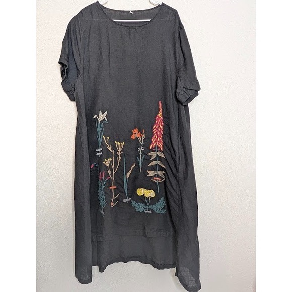 Mordenmiss Dress Women XXL Black Linen Cotton Pullover Lagenlook Pockets Floral